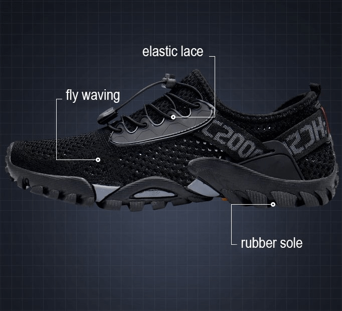 Elastic Camping Shoes showcasing breathable mesh, durable rubber sole, and fly weaving design for optimal outdoor comfort and support.